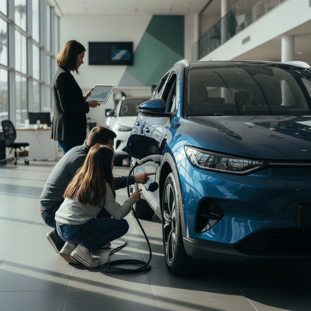 Family comparing a new electric car in a bright dealership showroom
