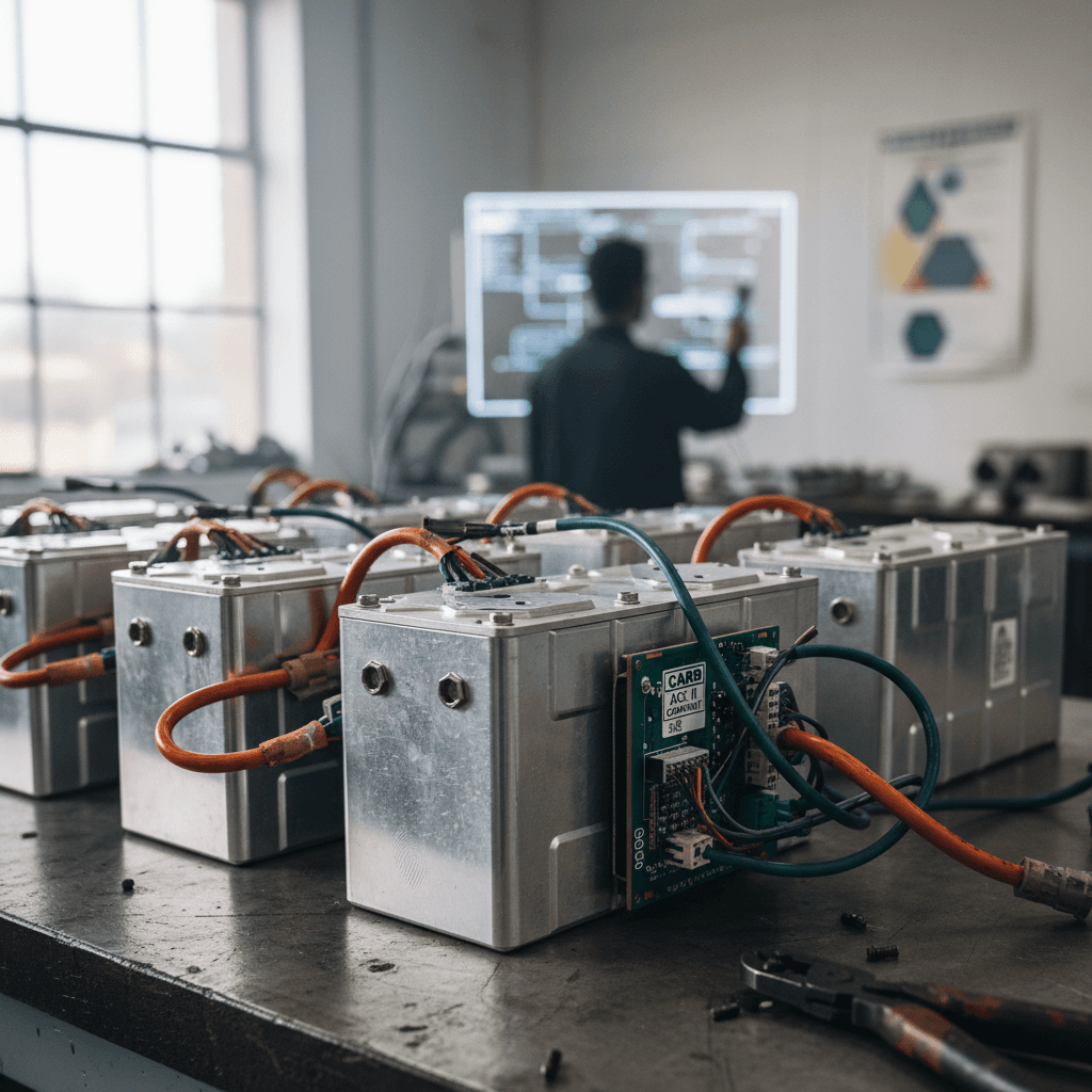 Undercarriage view of an electric vehicle battery pack showing modules and structure