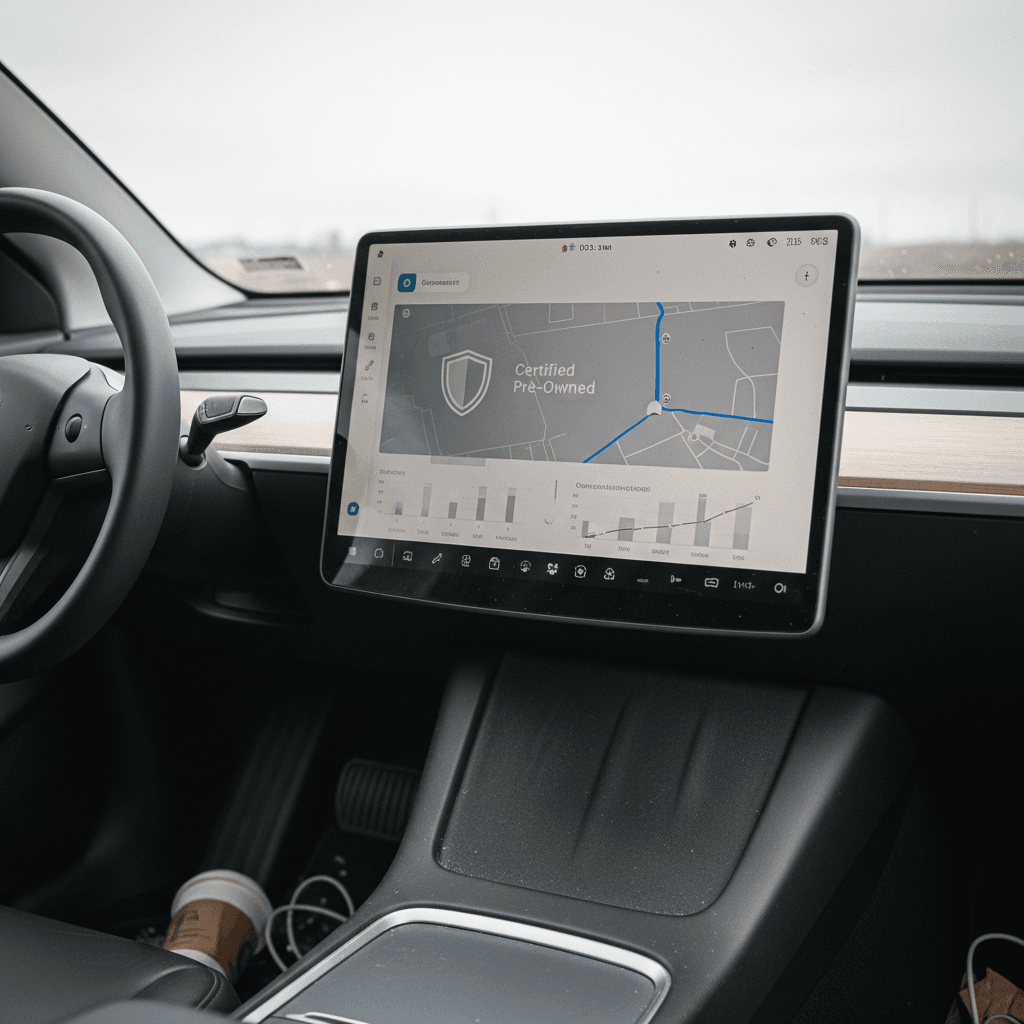 Minimalist Tesla Model Y interior with touchscreen display and panoramic glass roof