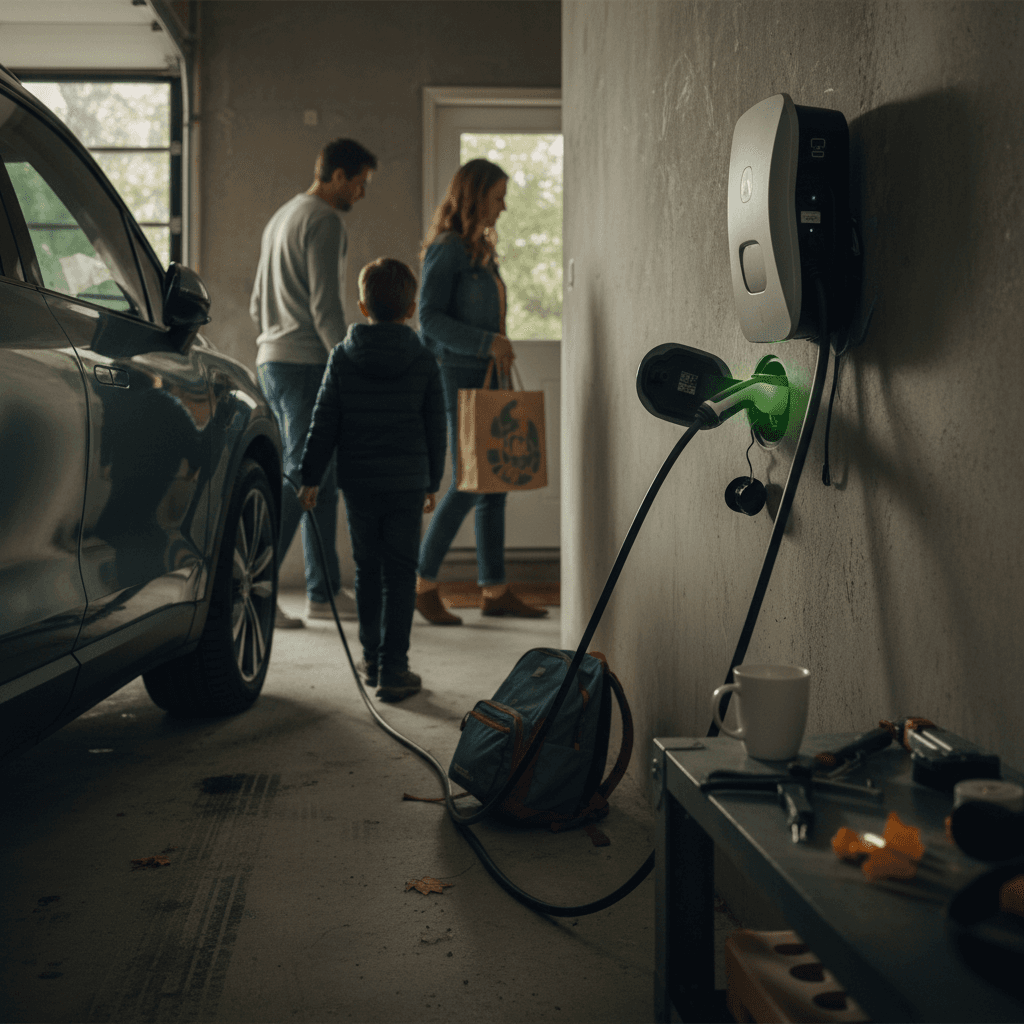 Family charging an electric car at home in a US driveway