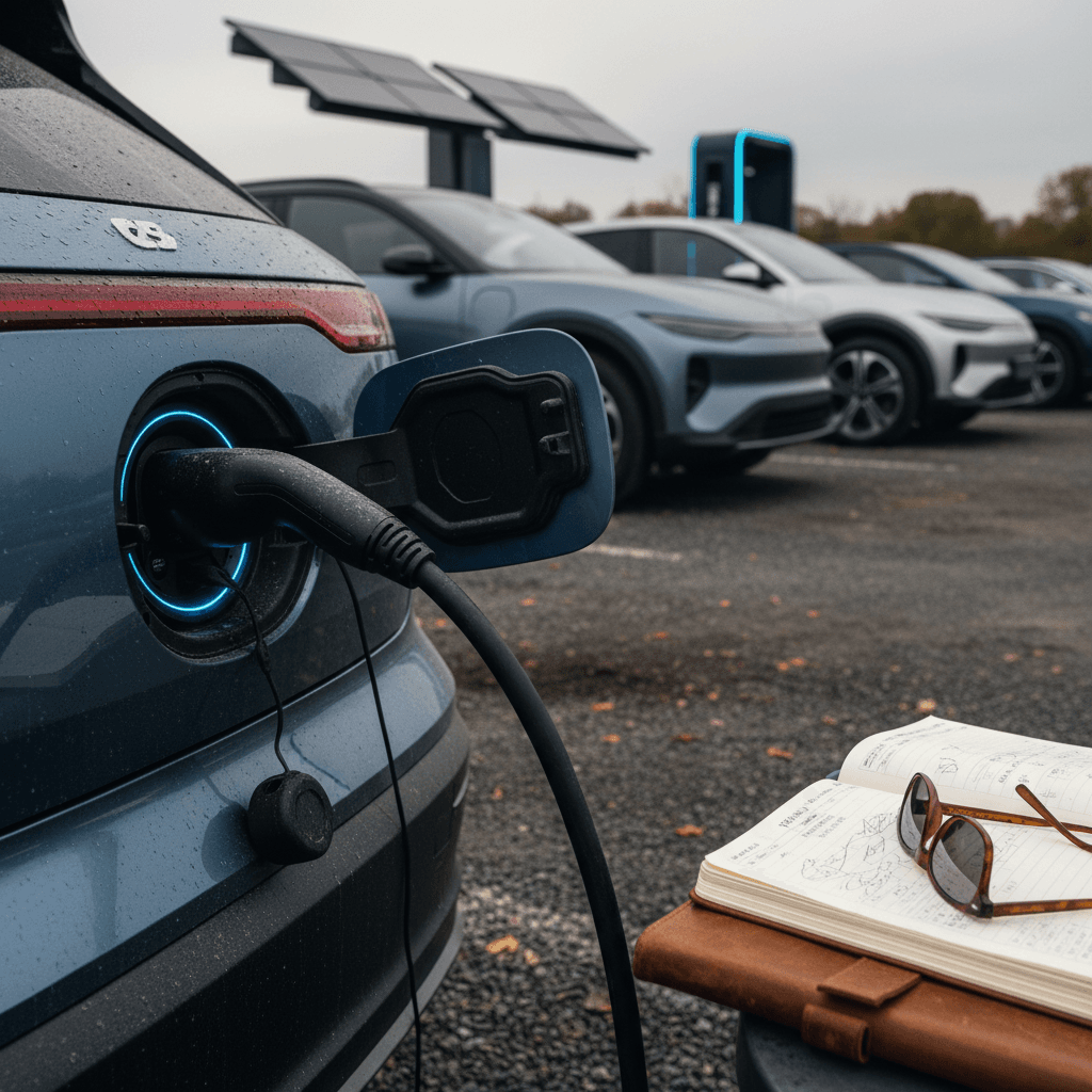 Family loading an electric SUV while it charges at a highway station