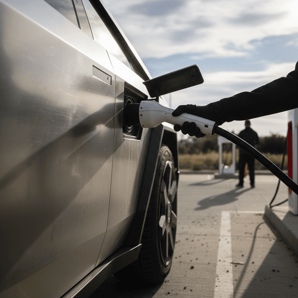 Closeup of a stainless steel electric pickup truck body showing sharp angles and panel reflections