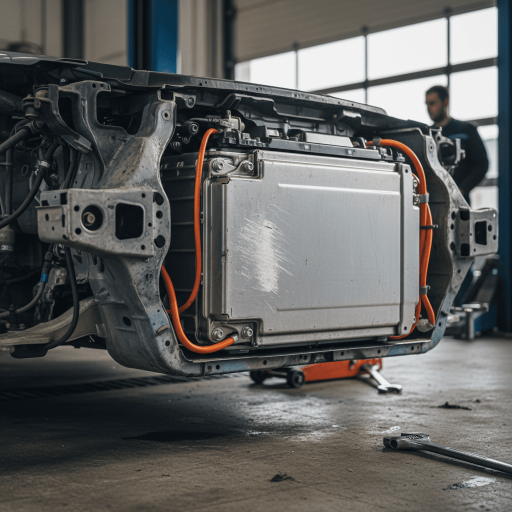 Mechanic inspecting an electric car battery pack on a lift in a service bay