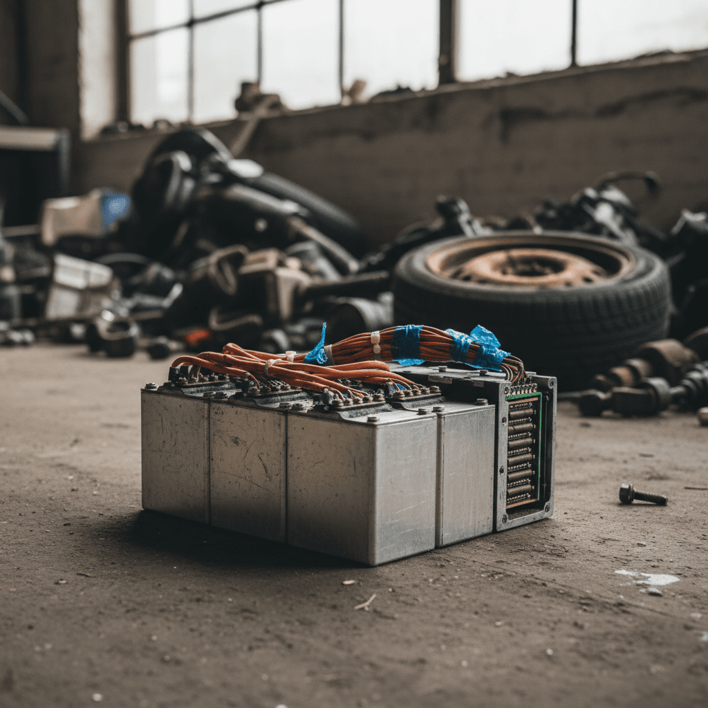 Closeup of an electric vehicle battery pack mounted in the chassis