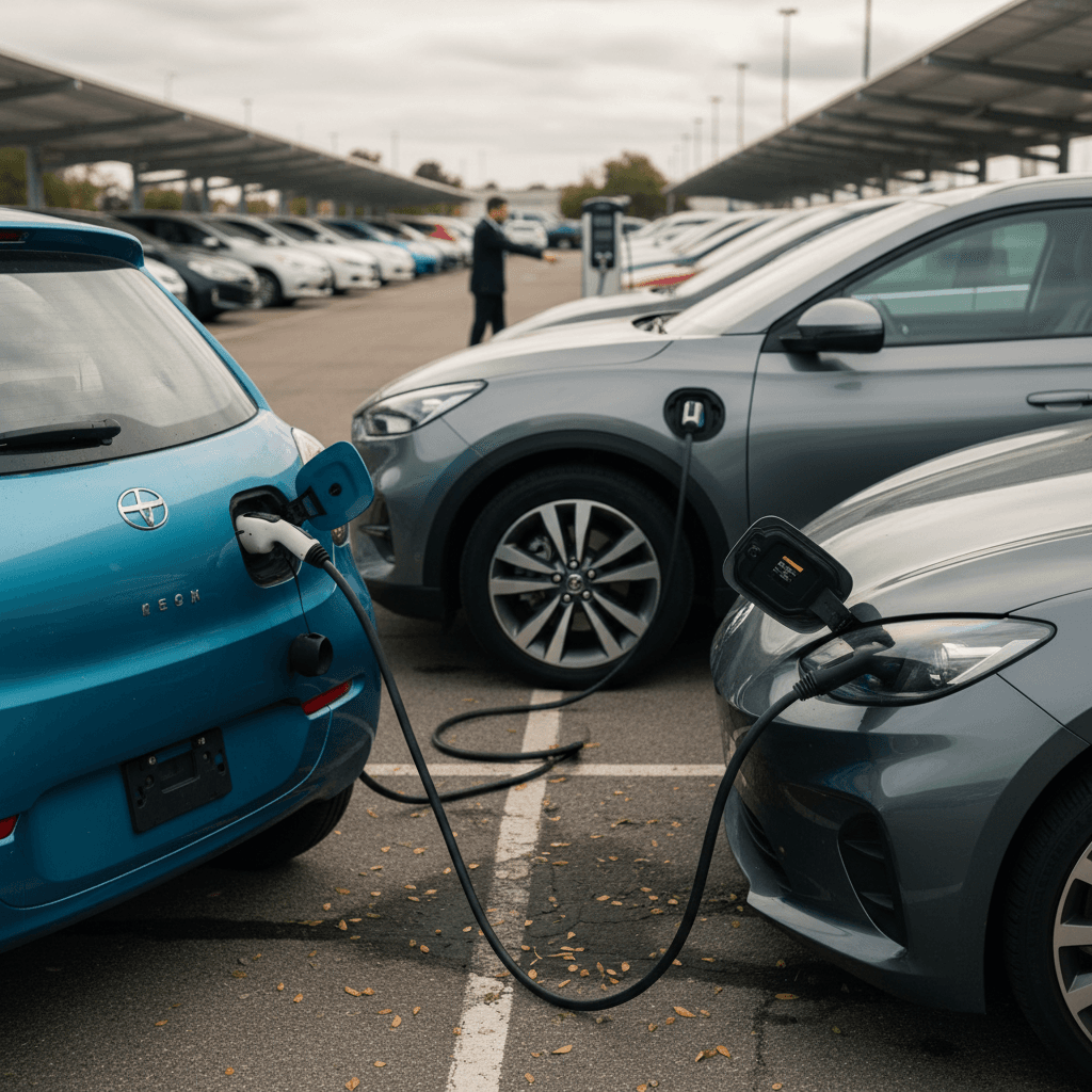 Modern dealership showroom with multiple electric cars from different car companies displayed.