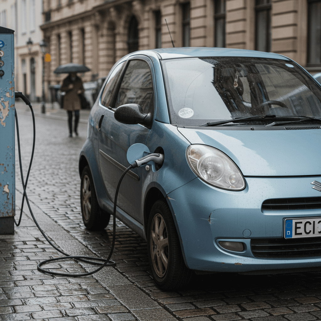 Used electric hatchback, similar to a Nissan Leaf, plugged into a public charging station