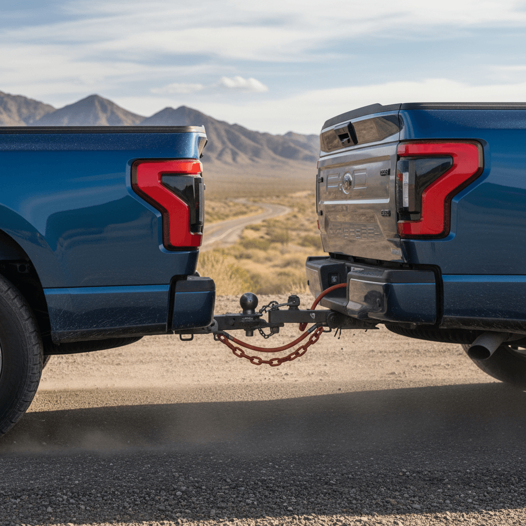 Ford F-150 Lightning electric pickup truck towing a trailer on the highway