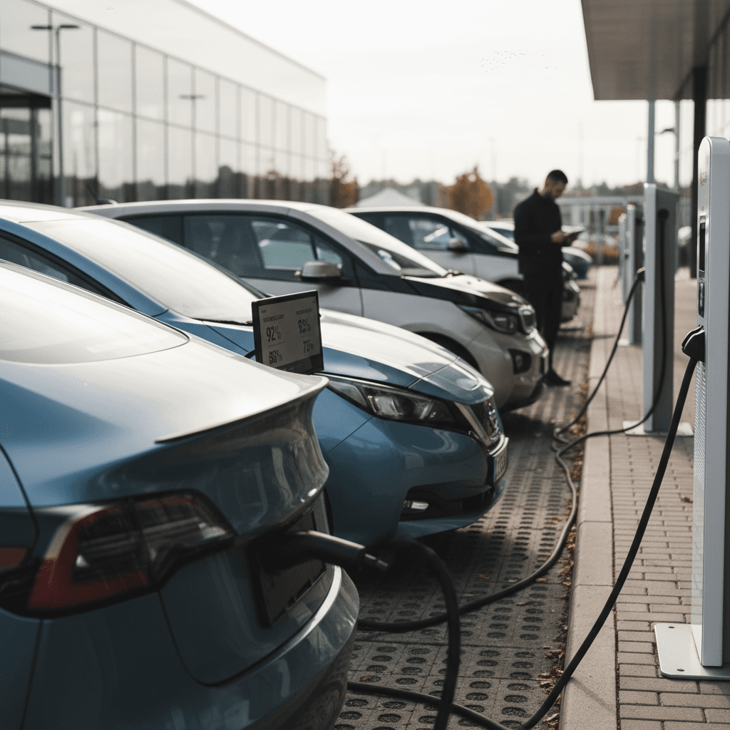 Row of used electric cars parked on a dealership lot