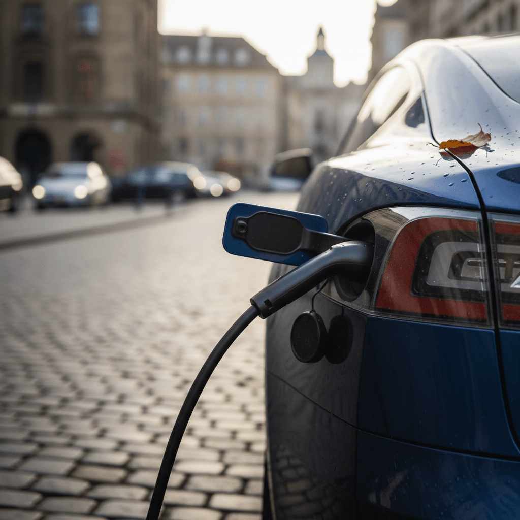 Tesla Model 3 interior showing steering wheel and large center touchscreen