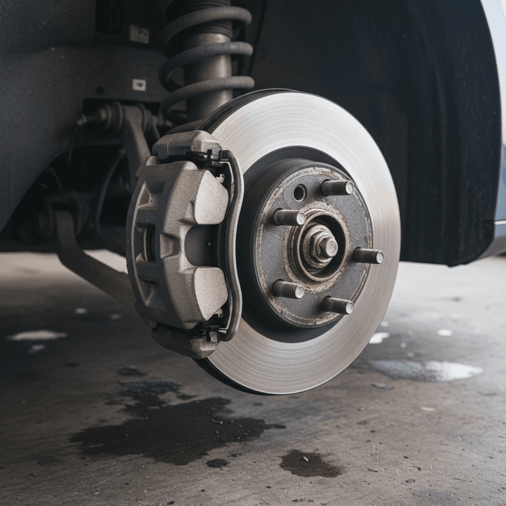 Closeup of an electric vehicle wheel and brake rotor, showing the traditional friction braking hardware used alongside regenerative braking.