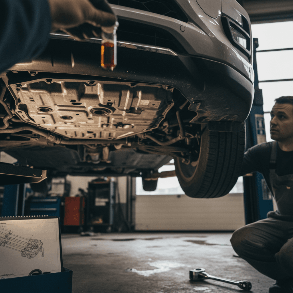 Mechanic inspecting a Nissan Rogue under a lift during 60,000 mile service