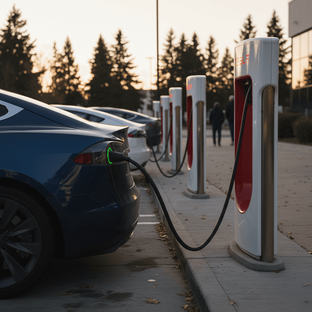 Row of Tesla Supercharger stalls in a parking lot at dusk