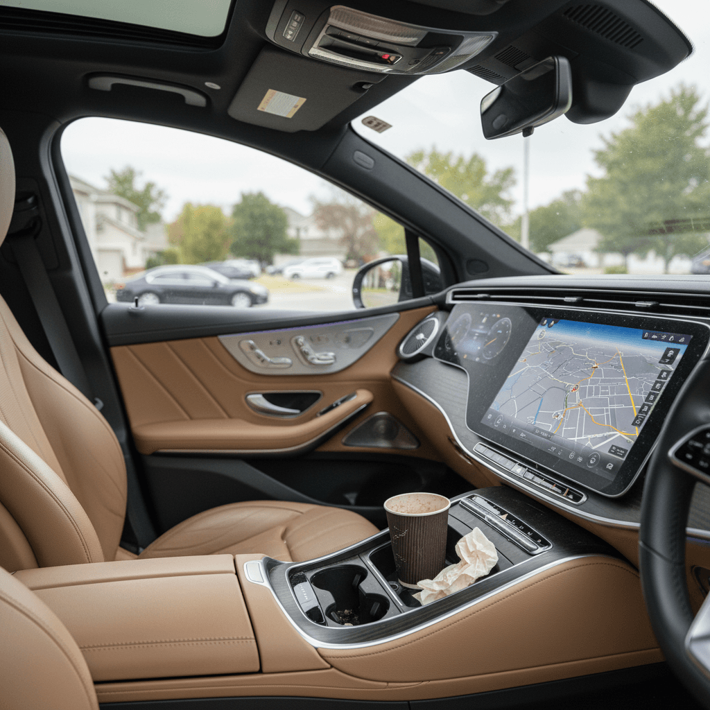 Luxurious interior of a Mercedes EQS electric SUV with large central screen
