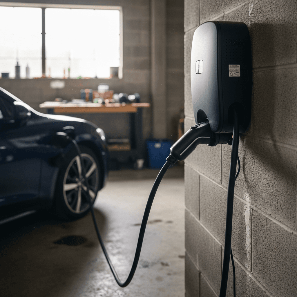 Level 2 electric vehicle charging station mounted on a garage wall next to a parked EV