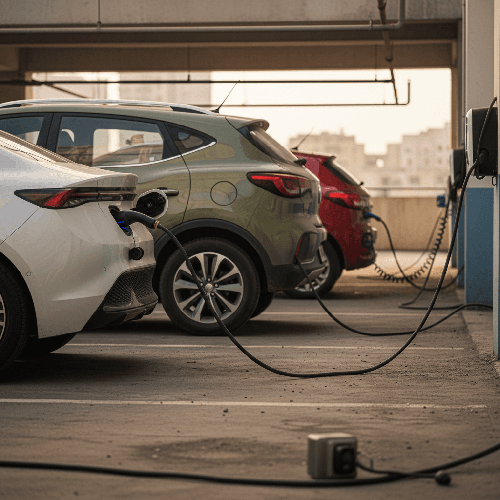 Indian family charging an electric car at home in an apartment parking area