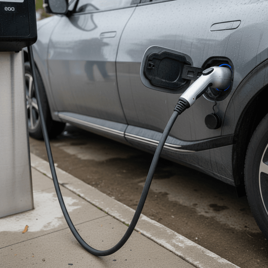 Kia EV6 plugged into a Level 2 home charger in a suburban driveway
