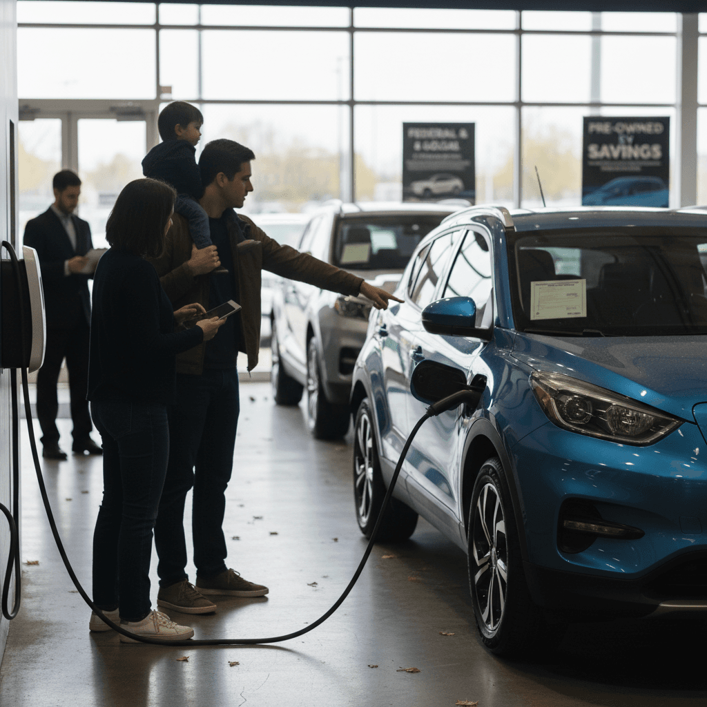 Couple inspecting a used electric car at a dealership lot