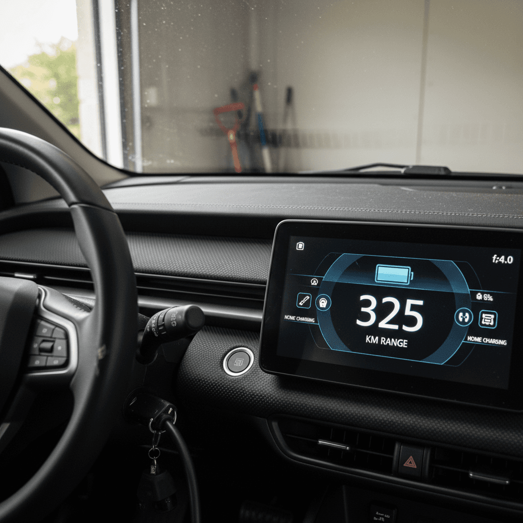 EV digital dashboard showing charging status and battery percentage while plugged in