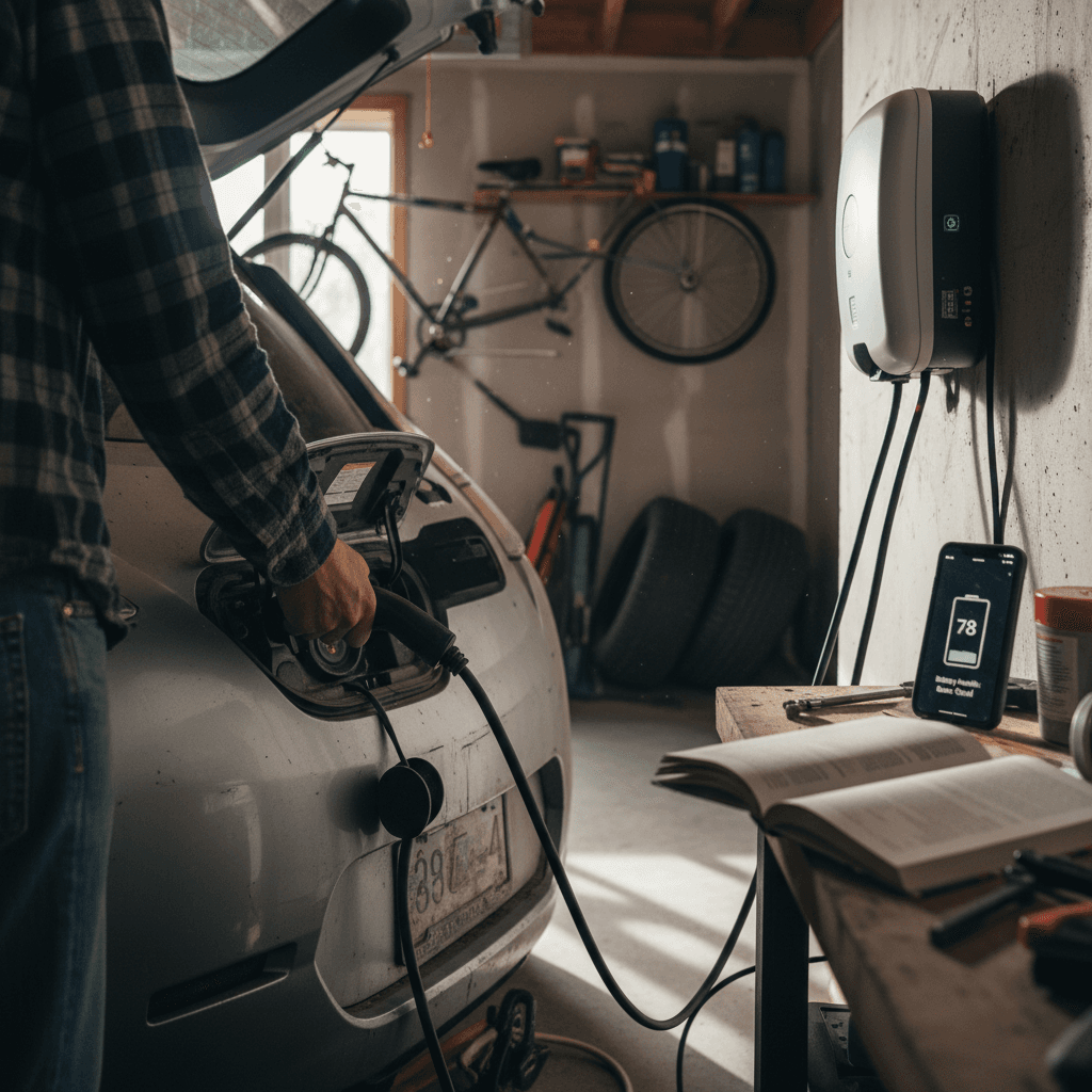 Nissan Leaf charging on a home wallbox in a residential garage