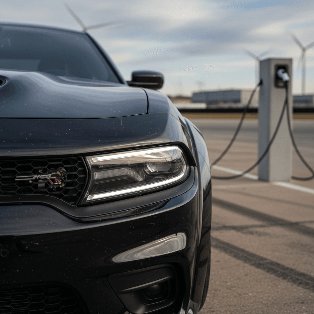 A performance electric car plugged into a fast-charging station at night