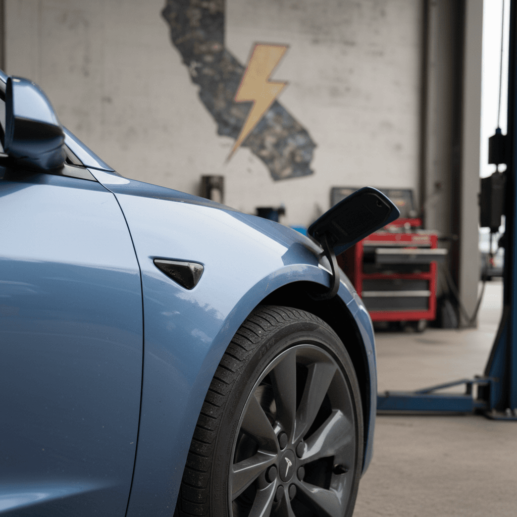Row of Tesla Supercharger stalls at a busy Pomona, California charging site at dusk