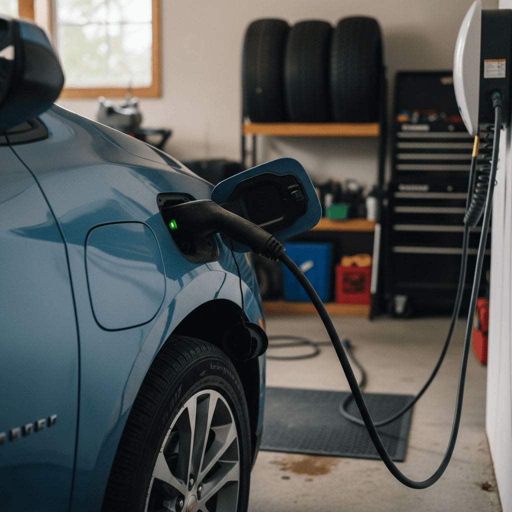 Blue electric SUV charging from a wallbox charger in a modern home garage