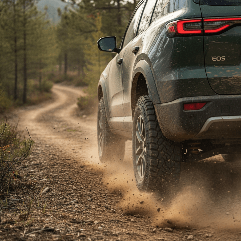 Electric SUV driving through a muddy off‑road trail, demonstrating AWD traction
