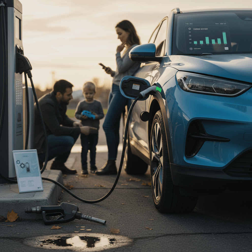 Family parked with an electric car at a public charging station