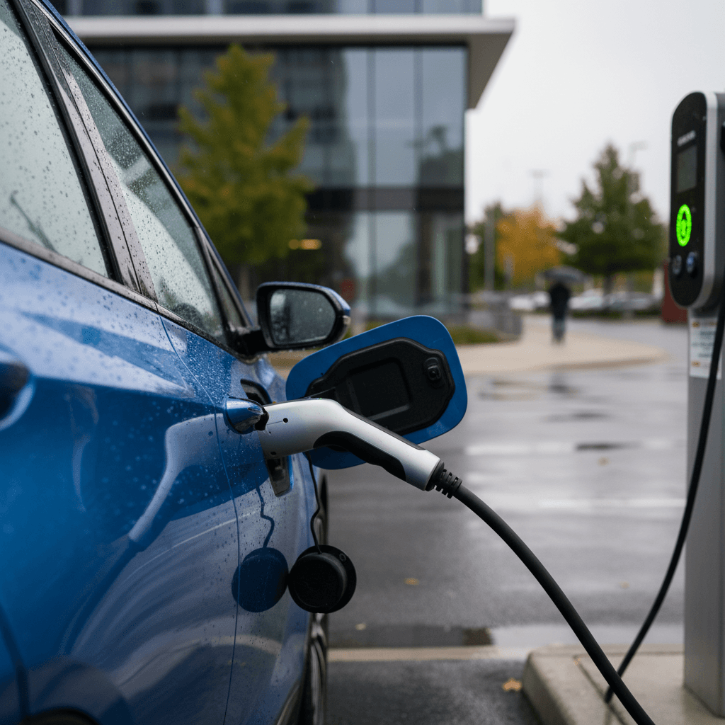 Chevy Volt parked in a home garage plugged into a wall-mounted Level 2 EV charger