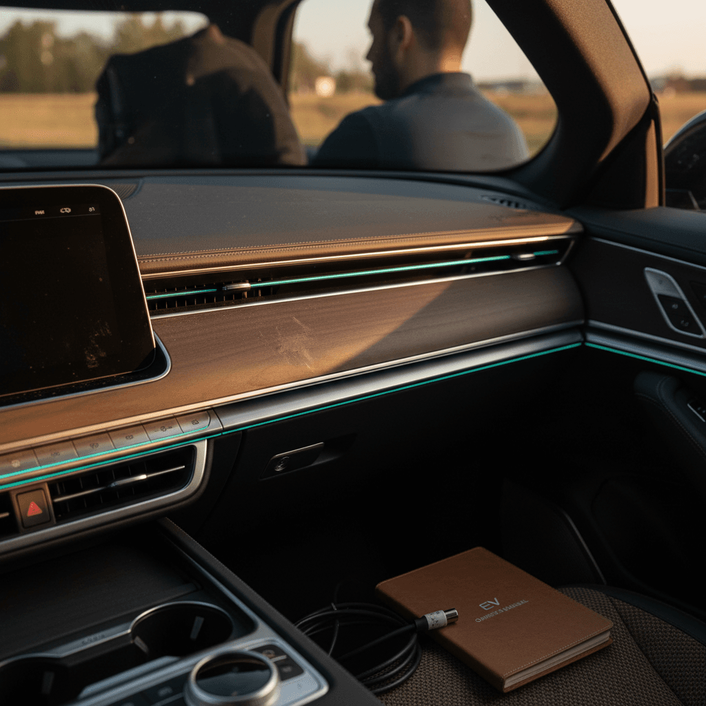 Ambient-lit electric car interior that feels quietly futuristic, like an "electric cat" at night