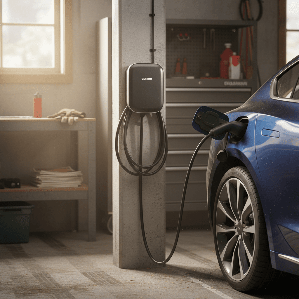 Wall-mounted Level 2 electric vehicle charger in a modern home garage