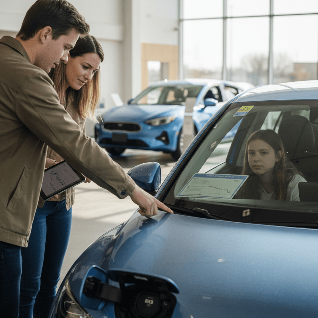 Family reviewing the price of an electric car at a dealership