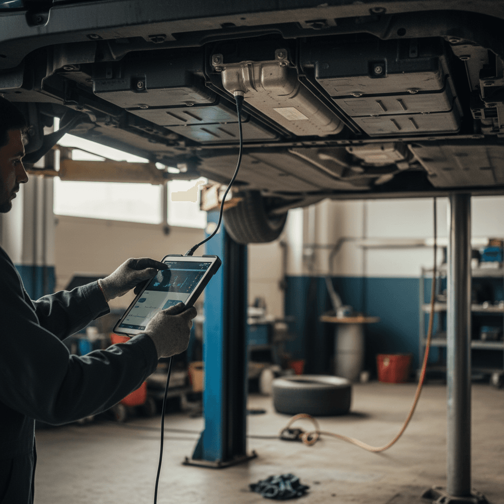 Technician inspecting an electric vehicle battery pack on a lift in a workshop