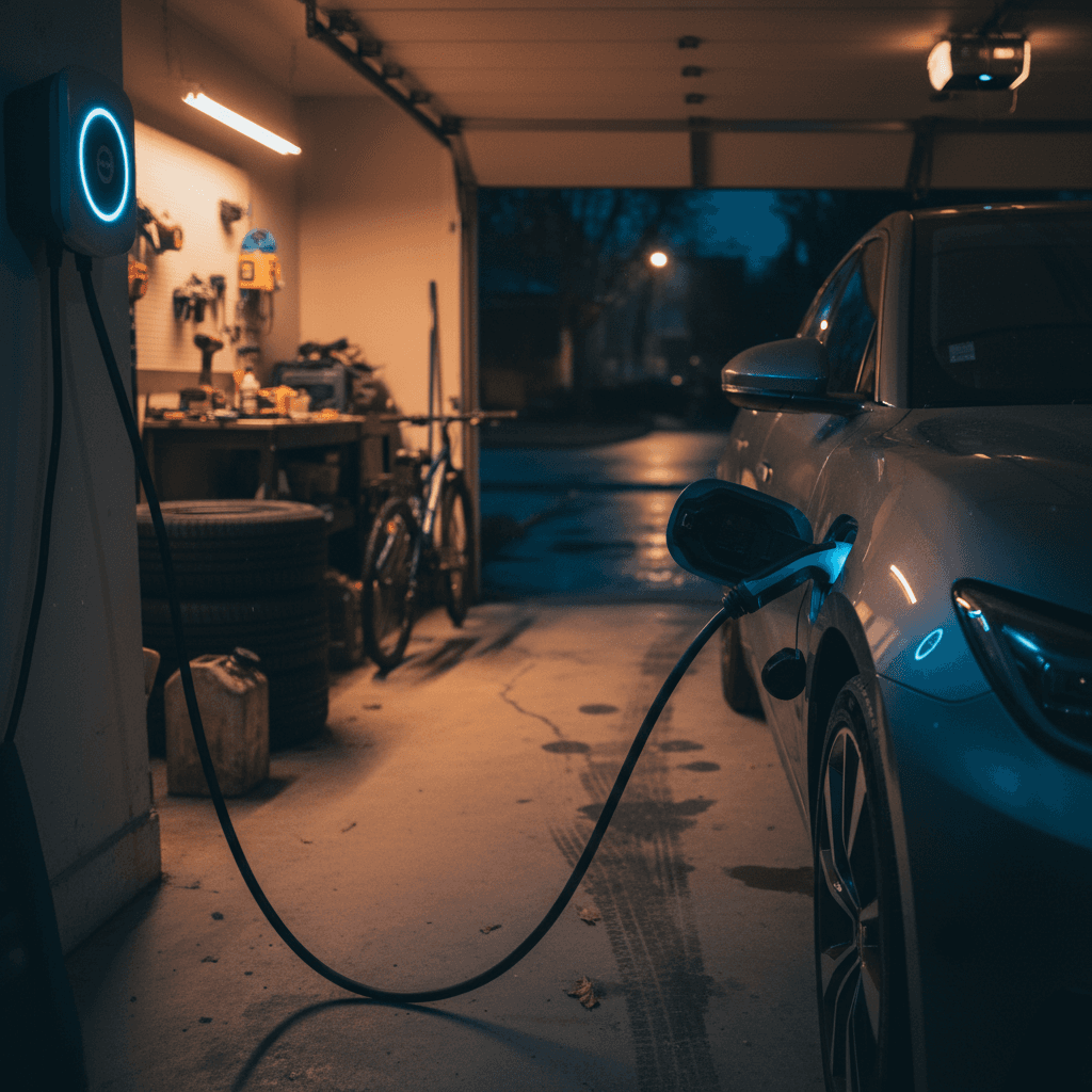 Several electric vehicles charging at a modern public station in a city environment
