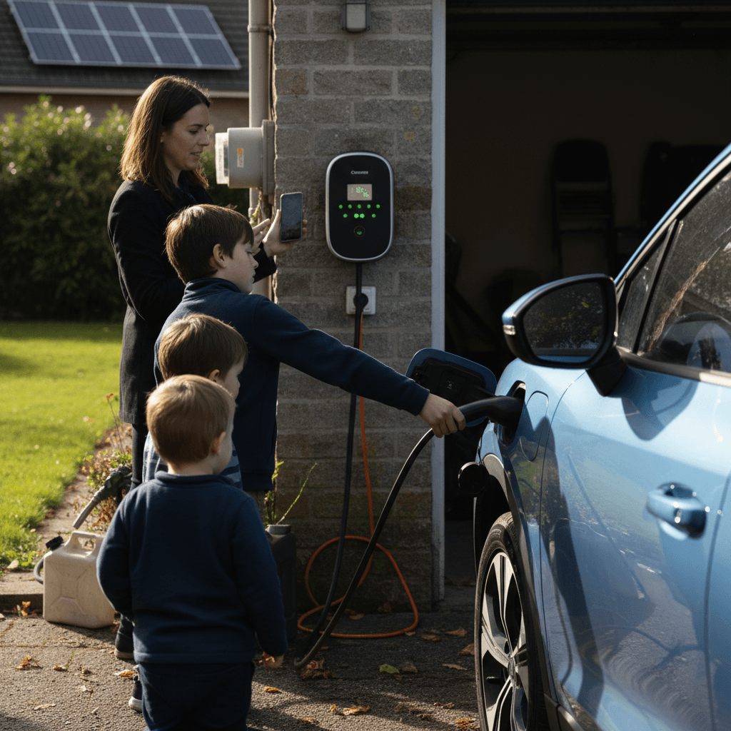 Family plugging their electric car into a home or neighborhood charging station