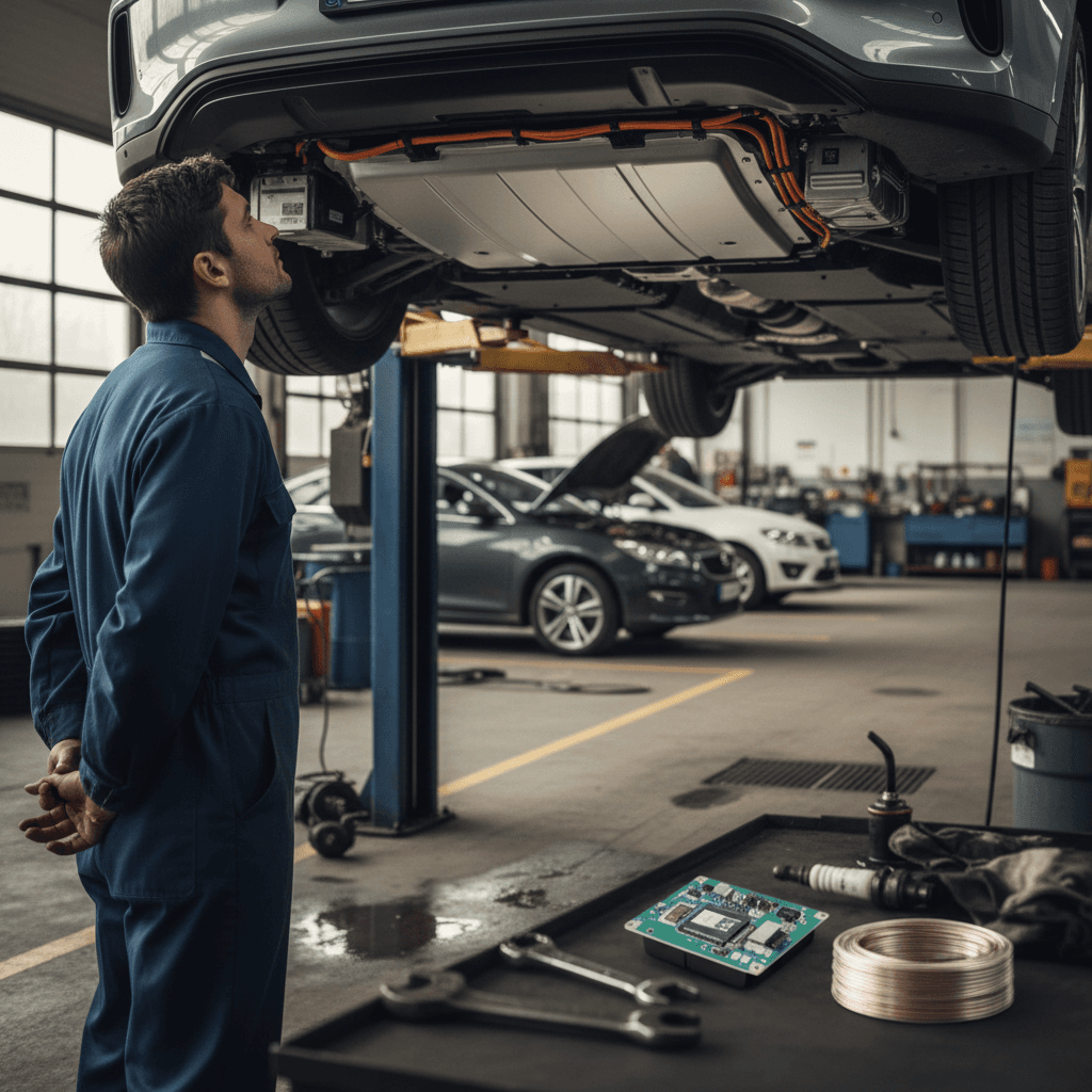 Technician performing EV auto service on an electric car battery pack on a lift
