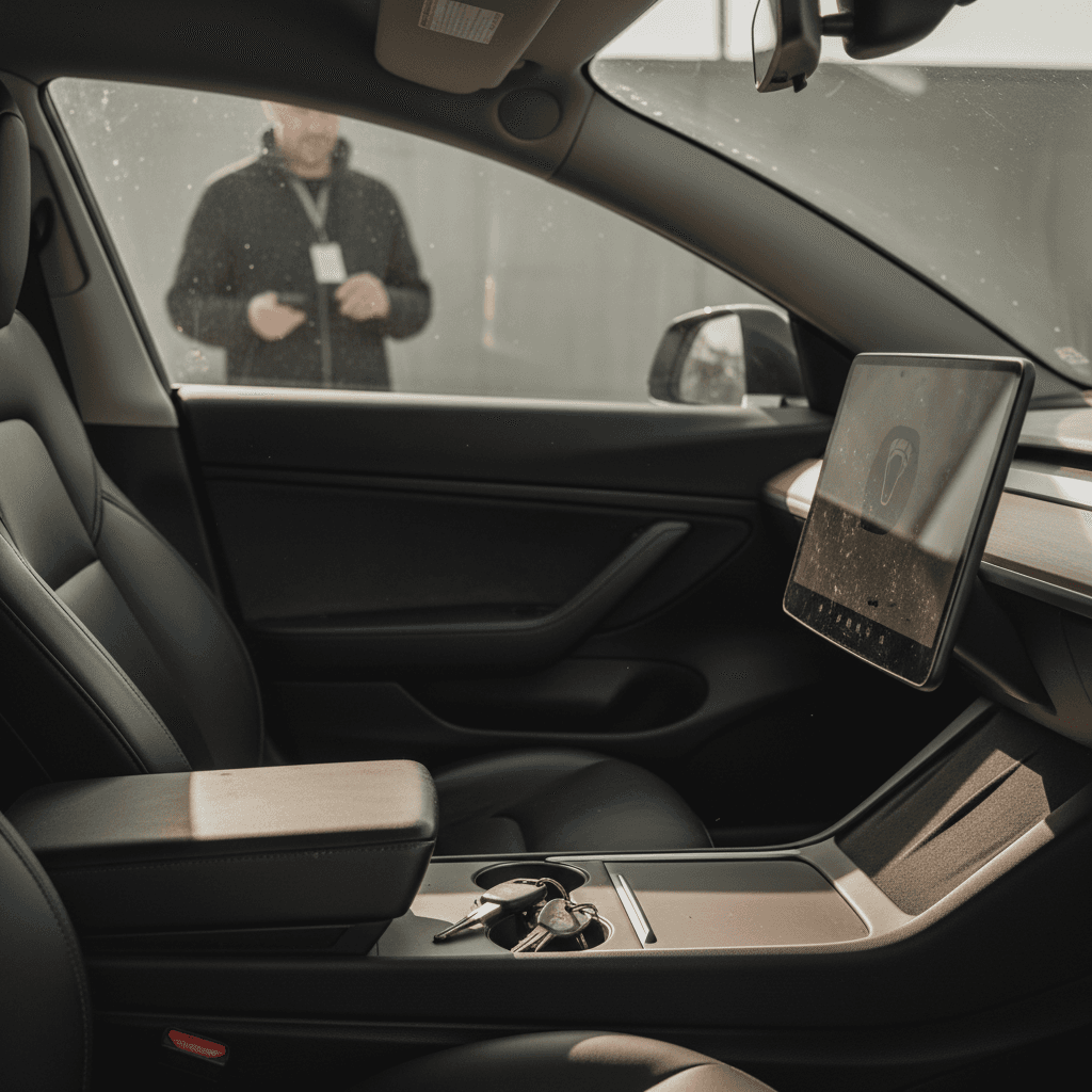 Tesla Model 3 interior showing central touchscreen and minimalist dashboard