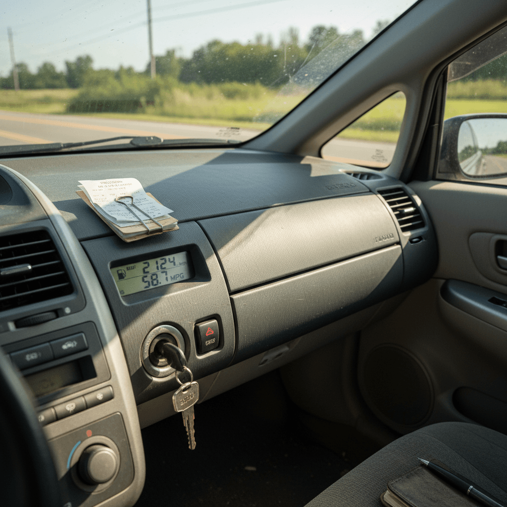 Hybrid car dashboard displaying real-time fuel economy and trip MPG