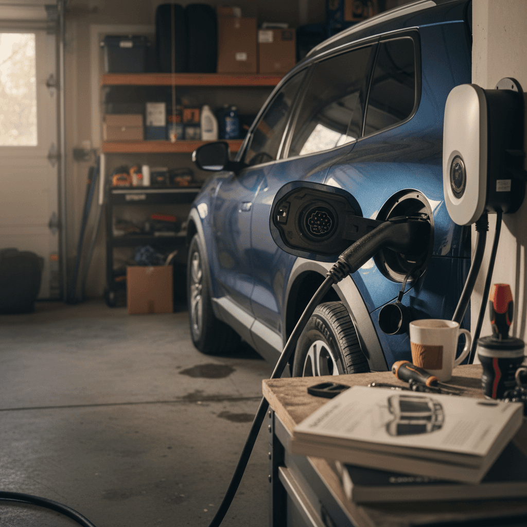 Electric car charging overnight in a home garage, illustrating convenient home charging and cleaner electricity use.