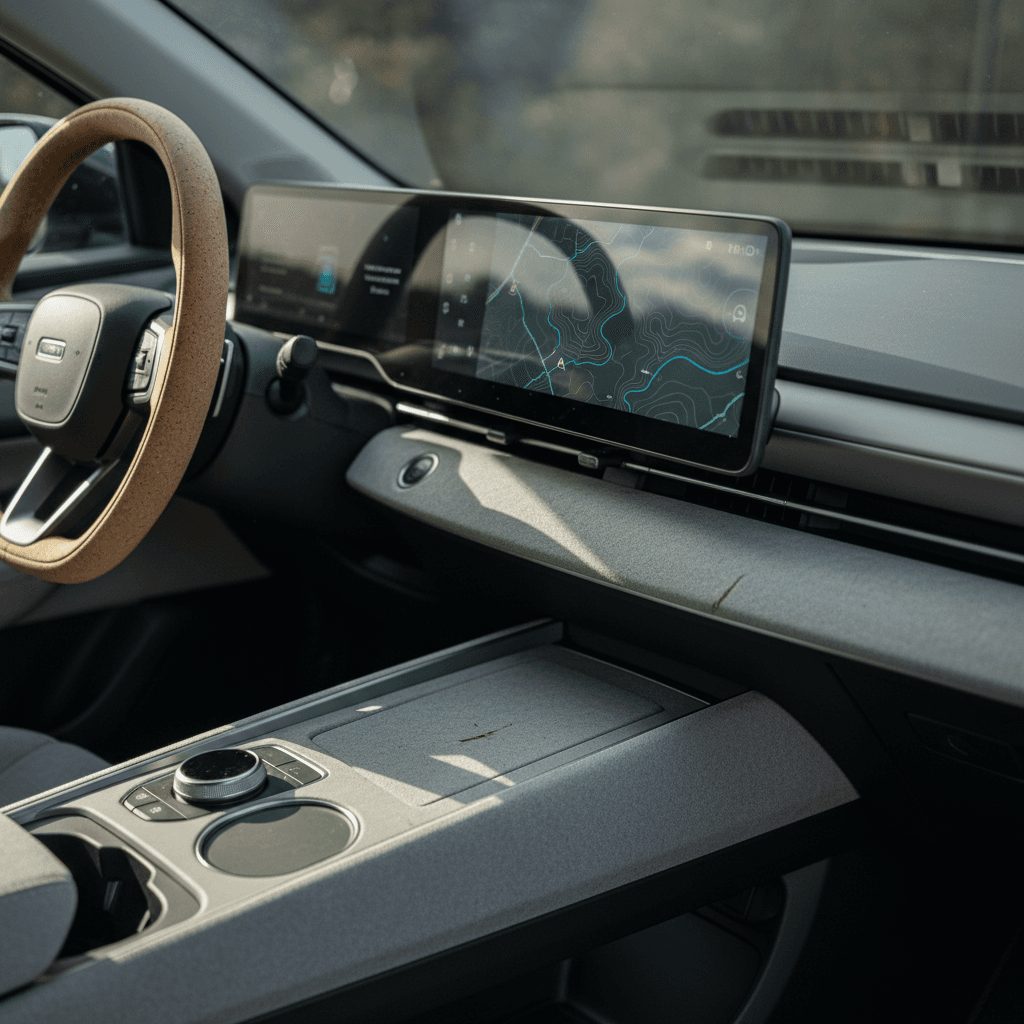 Modern electric car interior with large central touchscreen showing energy and navigation information