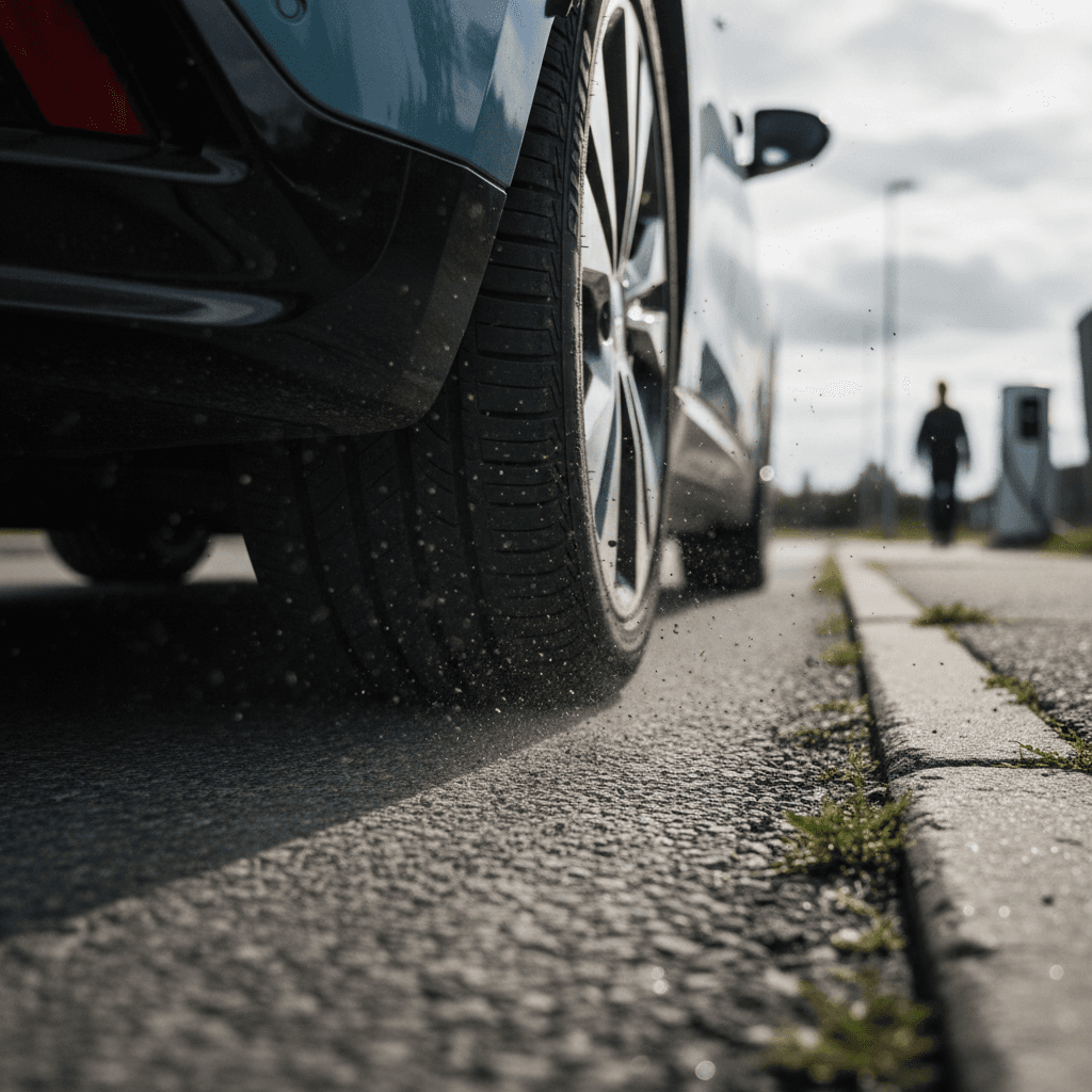 Close-up of an electric vehicle tire on asphalt illustrating contact patch where tire wear occurs