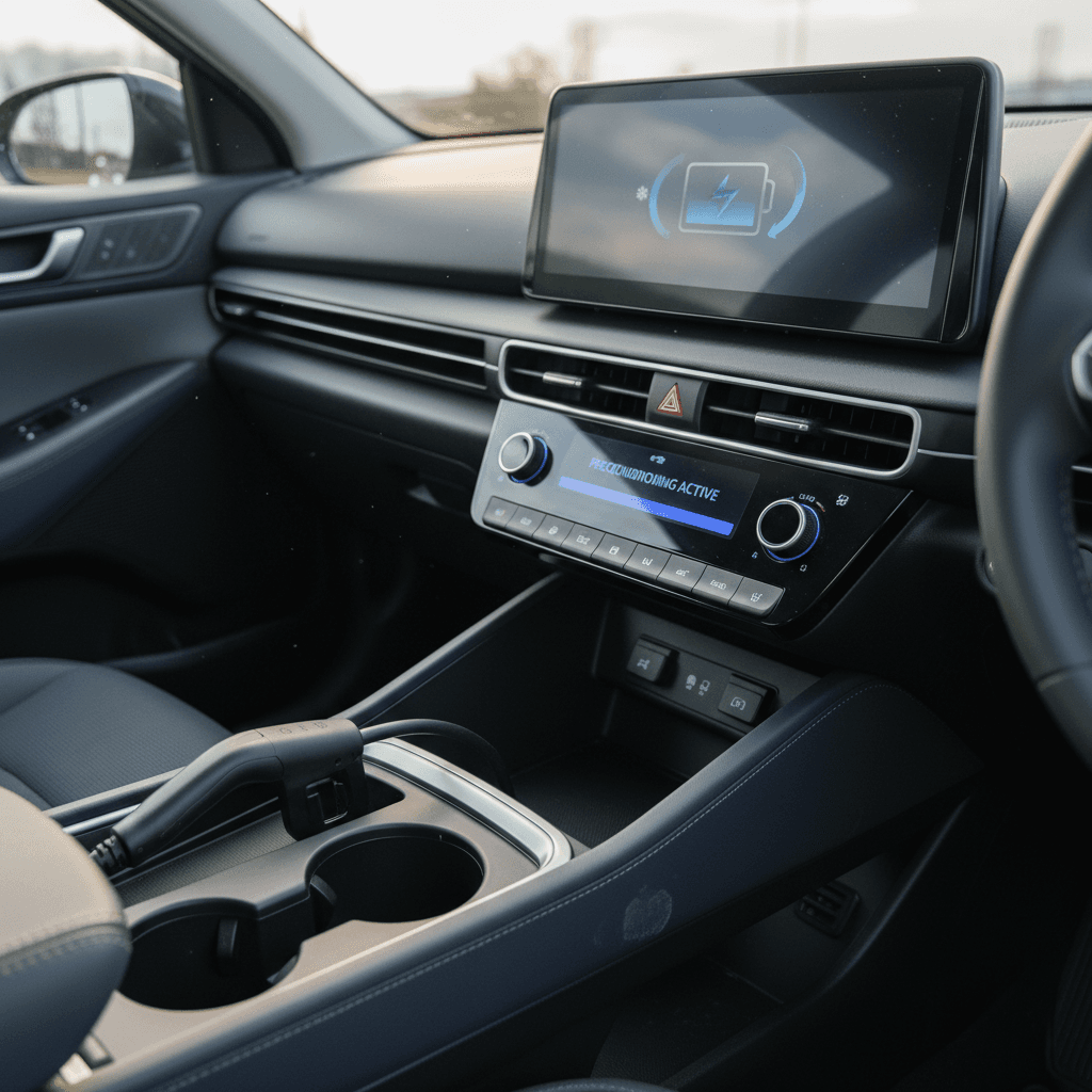 Hyundai Ioniq 5 parked at a public charging station, plugged into a fast charger