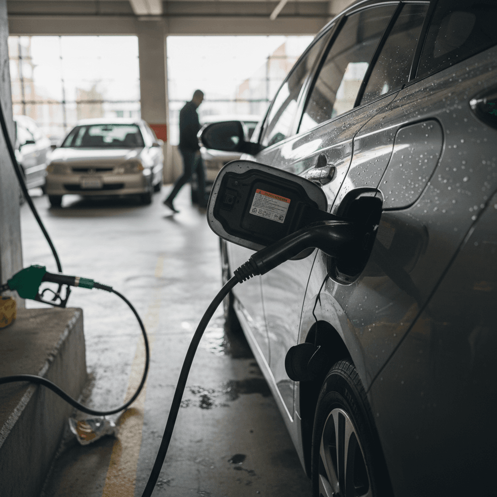 Hybrid car dashboard display showing high fuel economy and efficiency gauge