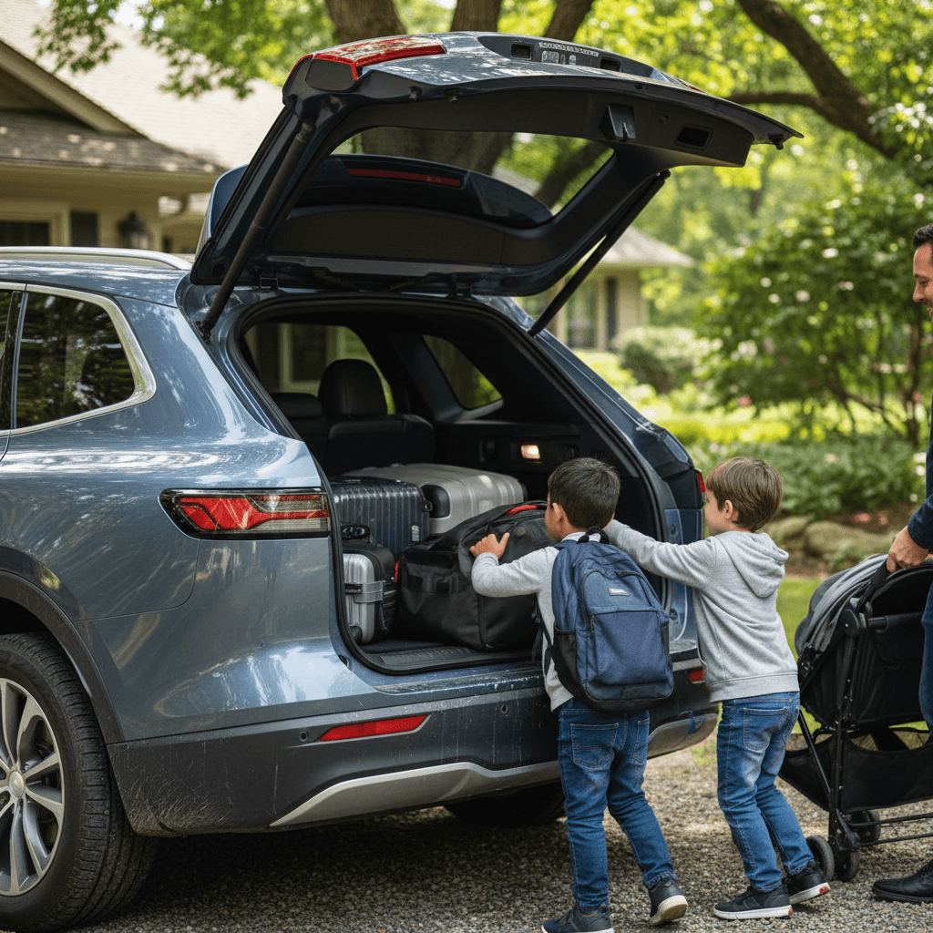Family loading children and luggage into a three-row electric SUV before a trip
