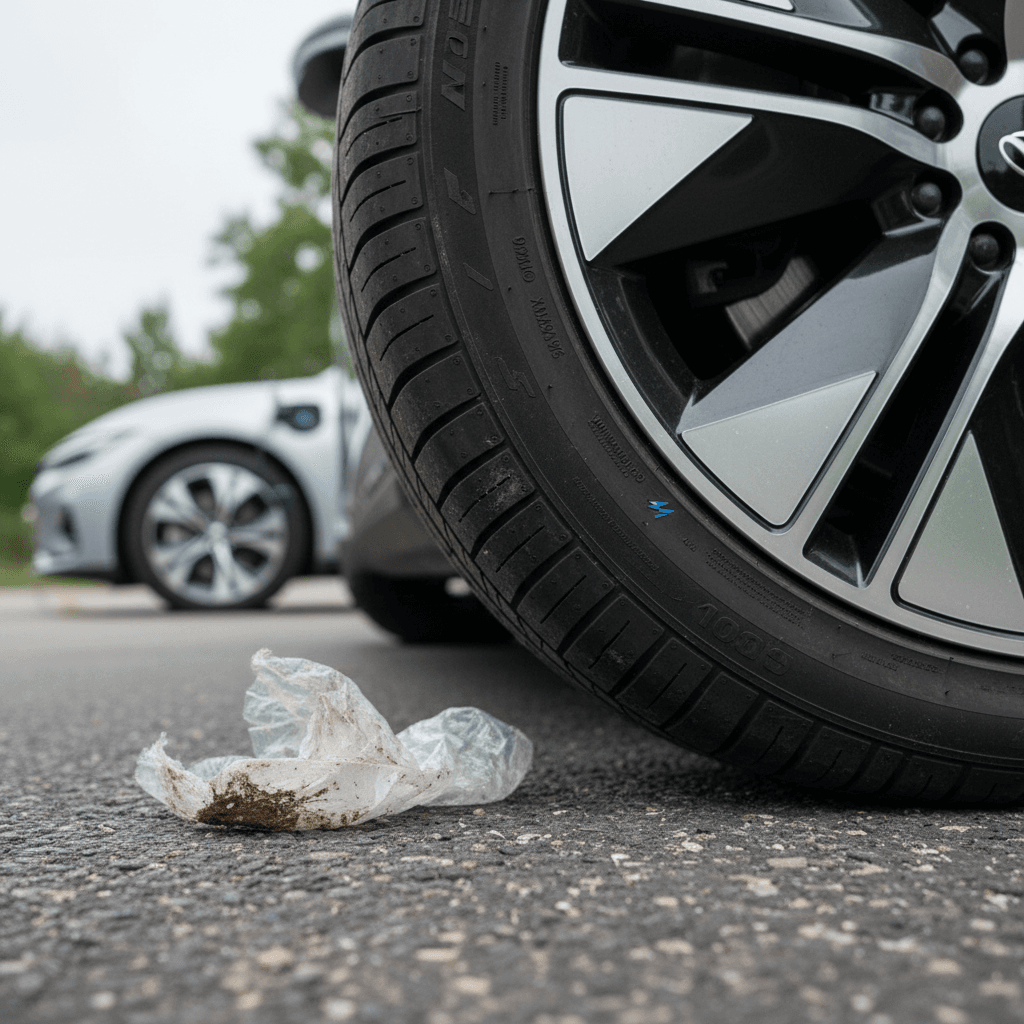 Technician checking an electric vehicle tire and air pressure in a service bay