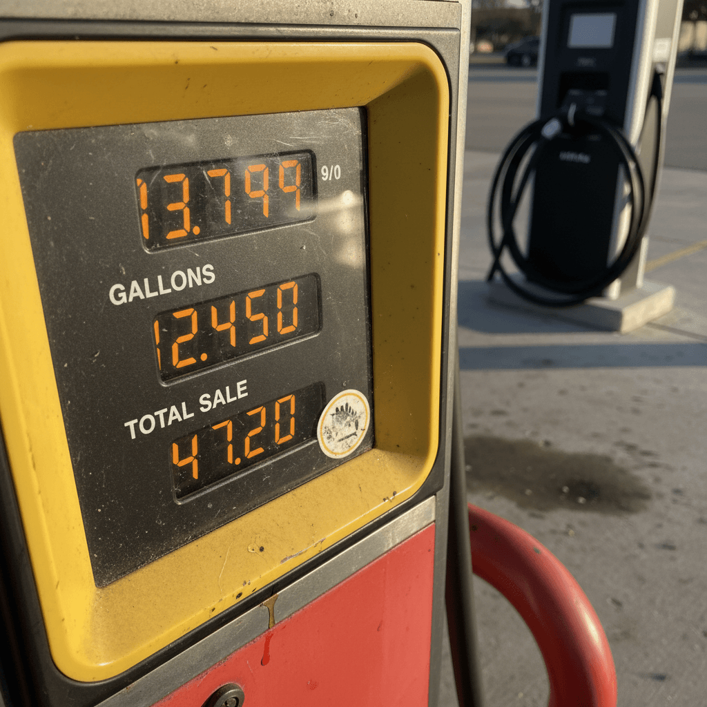 Closeup of a gas car dashboard showing a low fuel gauge warning