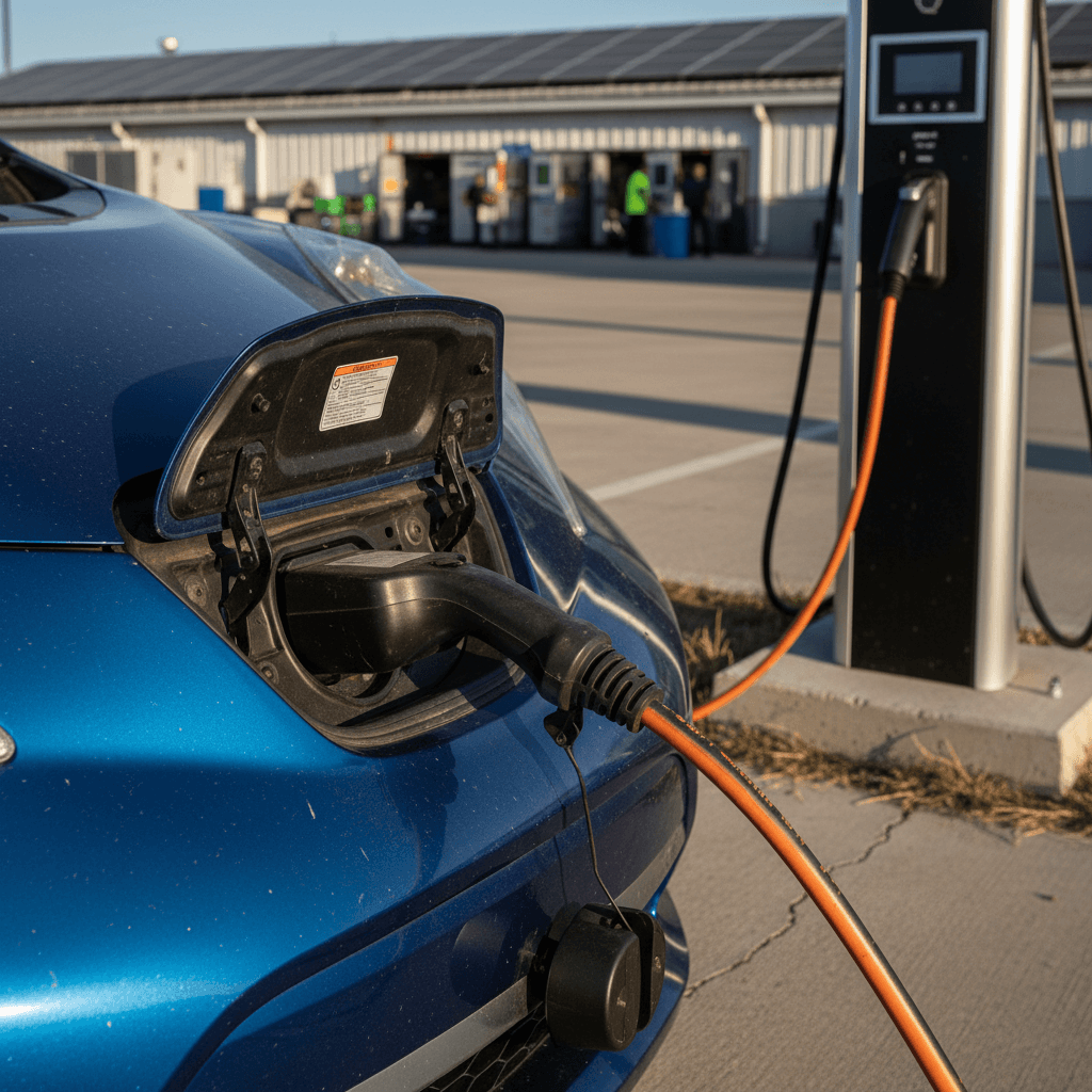 Technician inspecting the high-voltage battery pack underneath a Nissan Leaf