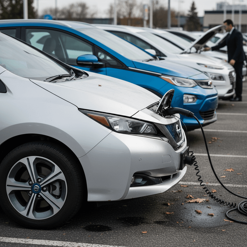 Row of affordable used electric cars lined up on a dealership lot