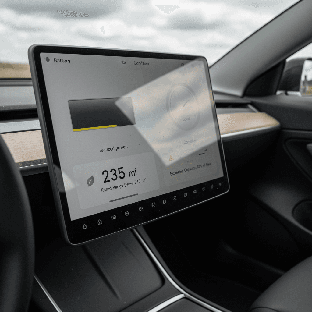 Electric car dashboard showing estimated driving range on battery