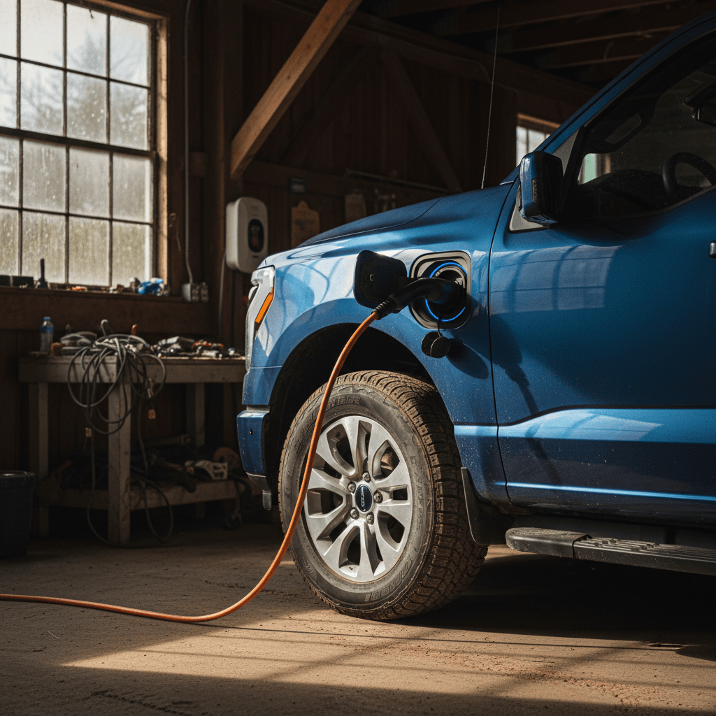 Ford F-150 Lightning electric pickup truck parked near a public charging station